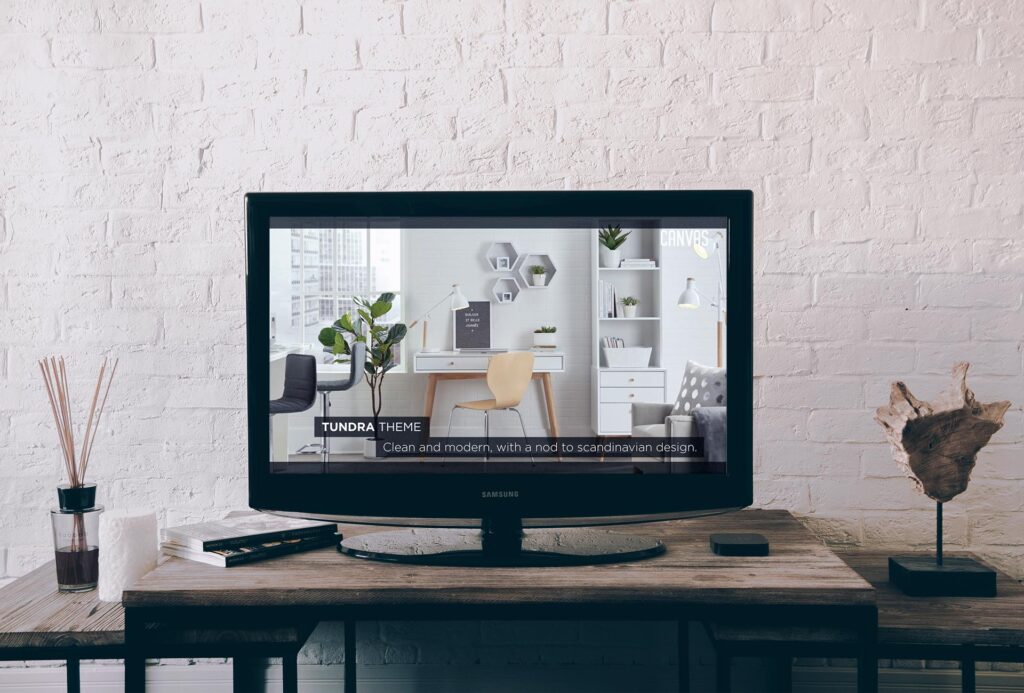 Promotional video displayed on desktop screen – furniture store product showcase – Griphos